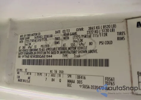 2013 Ford E-150 Commercial z USA, uszkodzony, nr VIN 1FTNE1EW2DDA61844